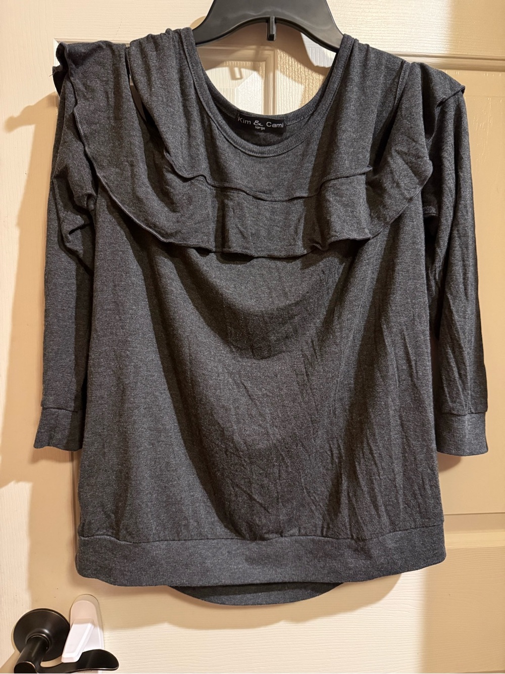 Kim & Cami Charcoal Ruffled Yoke Long Sleeve cold shoulder Top